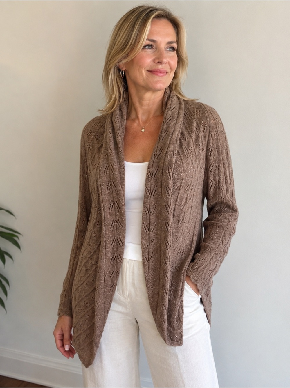 ISLEFIELD LRG cashmere / wool Cozy Brown Cable Knit open front Sweater